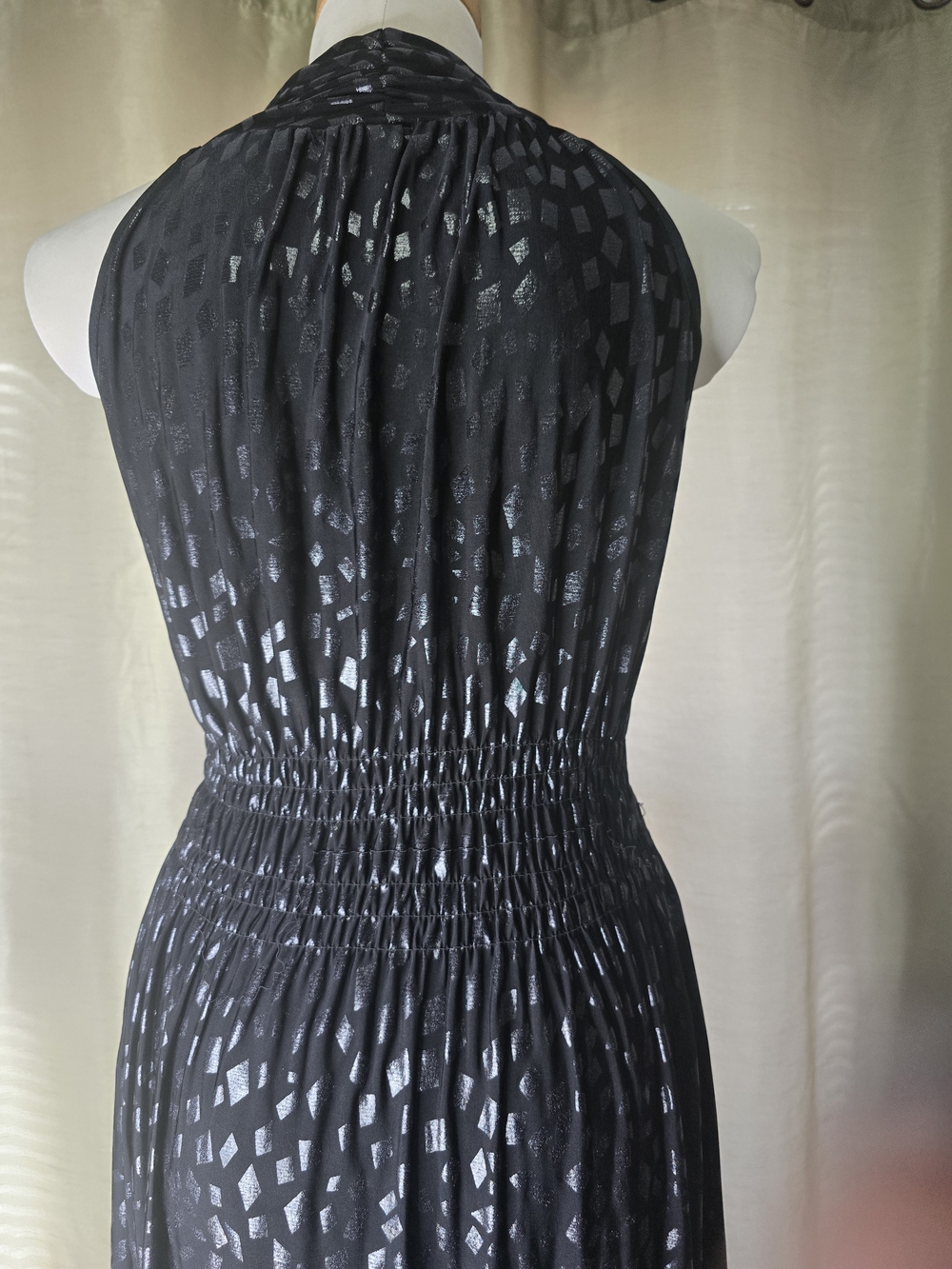 Sleeveless Black Metallic-Accent Maxi Dress with Smocked Waist - Picture 6 of 9